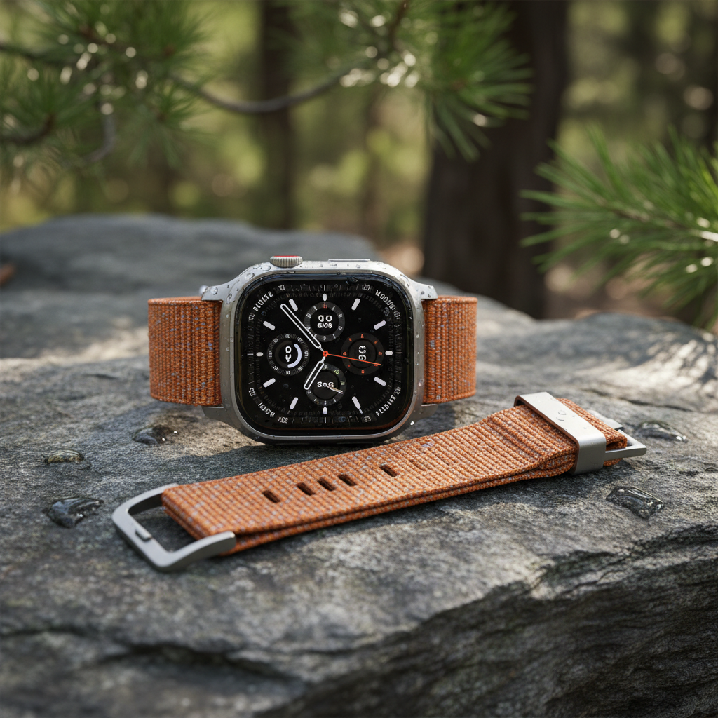 Apple Watch Ultra 2 titanium on orange alpine loop band, rugged sport design