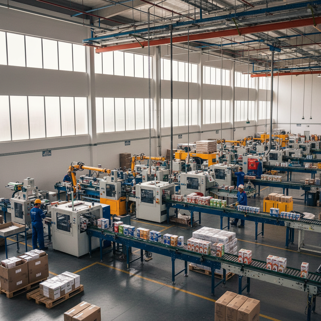 Consumer goods packaging line with automated conveyor systems in well-lit warehouse