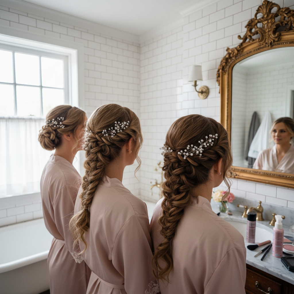 Braided updo for a bridal party in an Airbnb bathroom