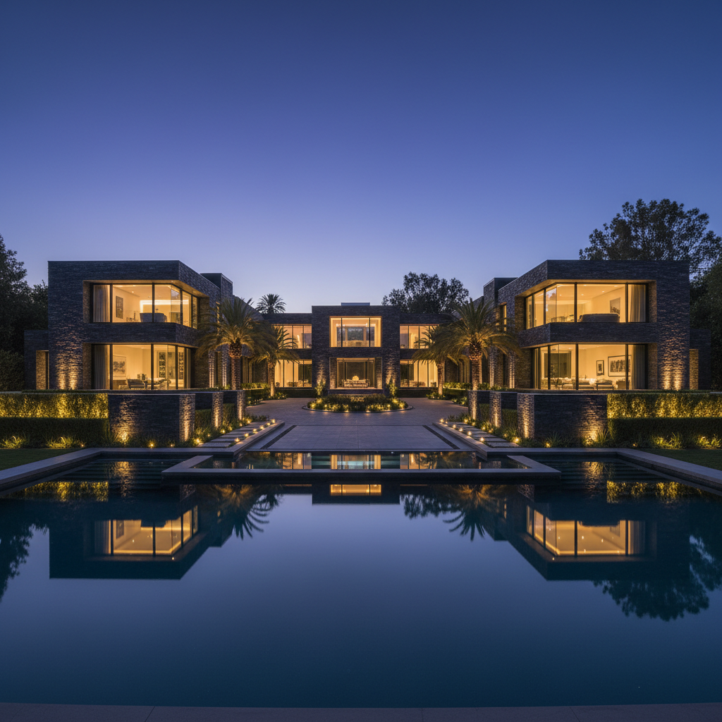 Beverly Hills luxury residence modern exterior, dark stone, warm interior glow at dusk, deep blue sky