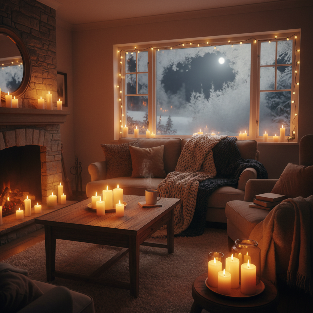 Cozy room with candles and blankets during winter power outage setup