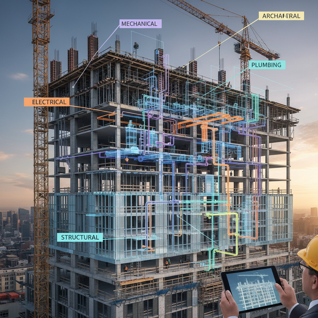 Edificio moderno en construcción con modelo BIM 3D superpuesto mostrando todas las especialidades
