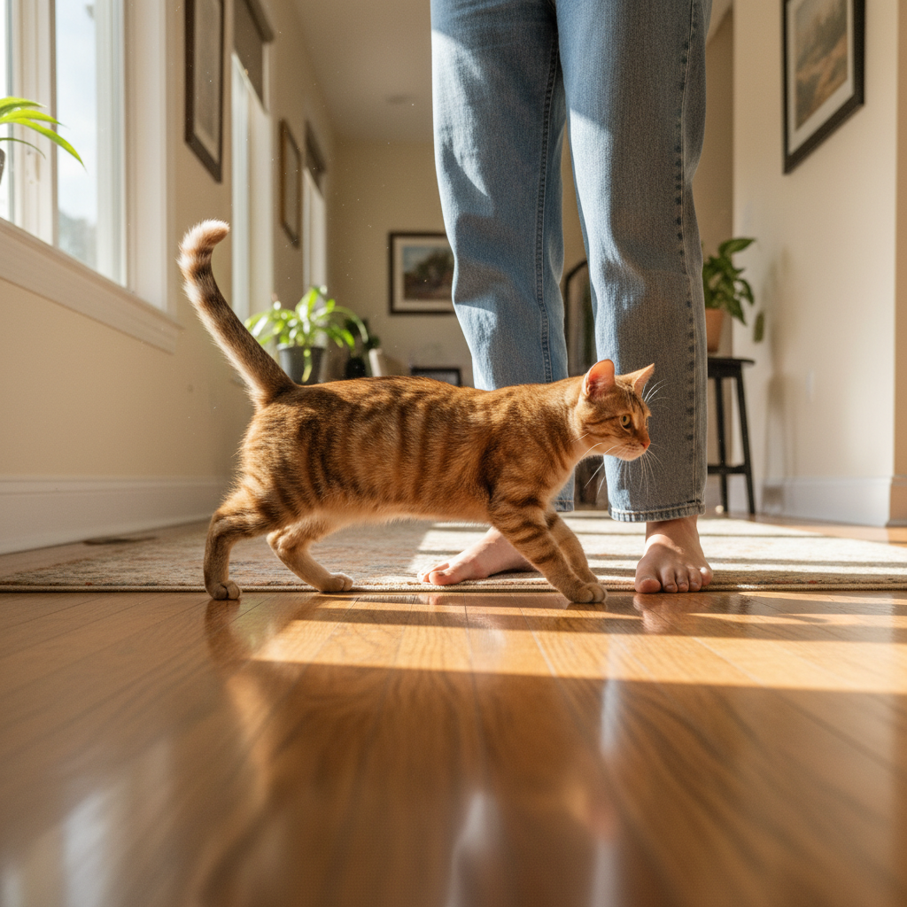 Tabby cat threading between ankles in a warm hallway