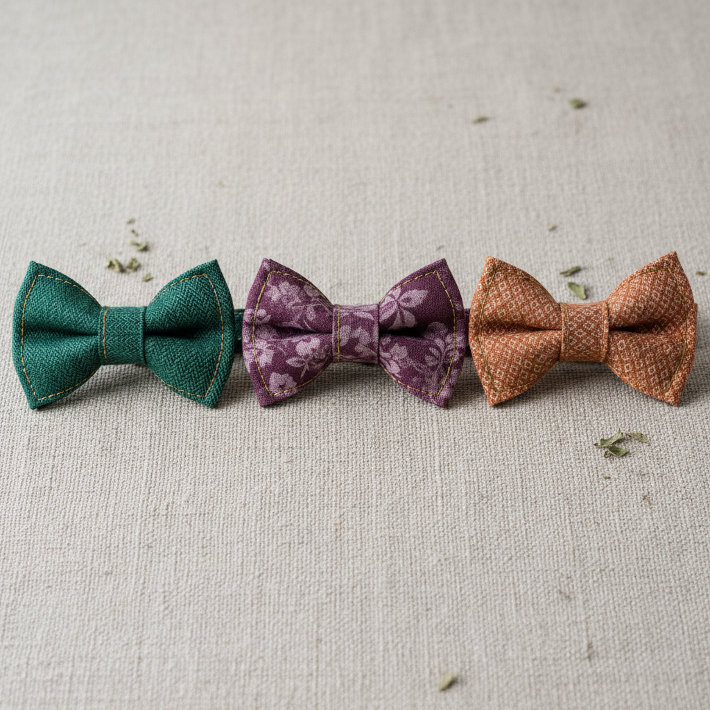 Three handmade cat bow ties in green, purple, and terracotta arranged on a linen cloth
