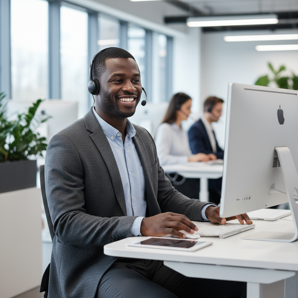 African American man in casual business attire with headset working at computer in modern workspace