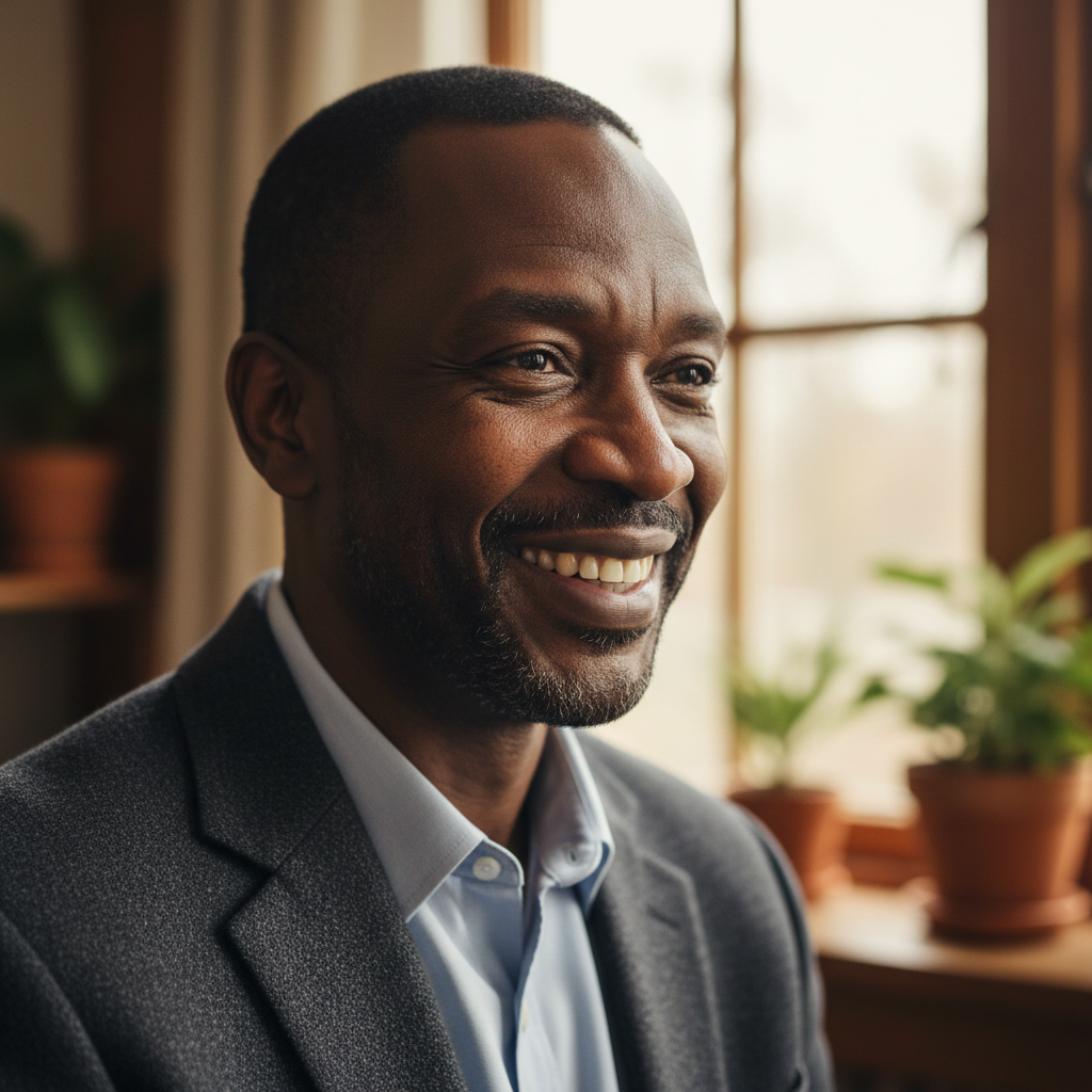Portrait of a middle-aged South African man, friendly expression, bright background