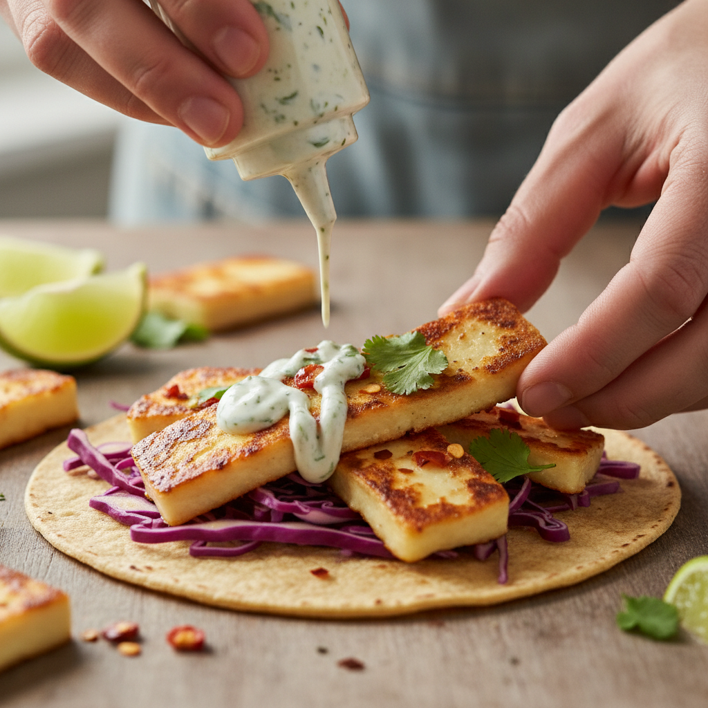 Hands assembling a loaded halloumi taco with purple cabbage and drizzled sauce