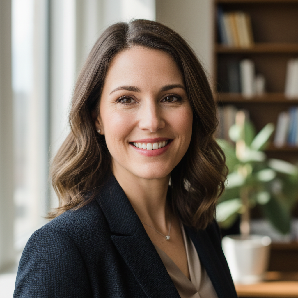 Mujer profesional con sonrisa amplia, cabello rubio, fondo de oficina desenfocado