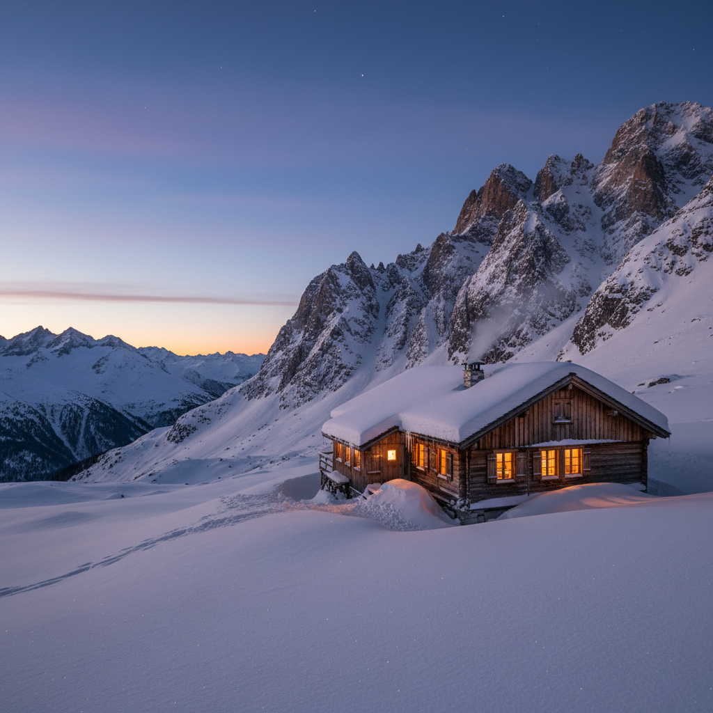 Snow-covered Swiss mountain hut at dusk with warm golden light glowing through windows and Alpine peaks in the background