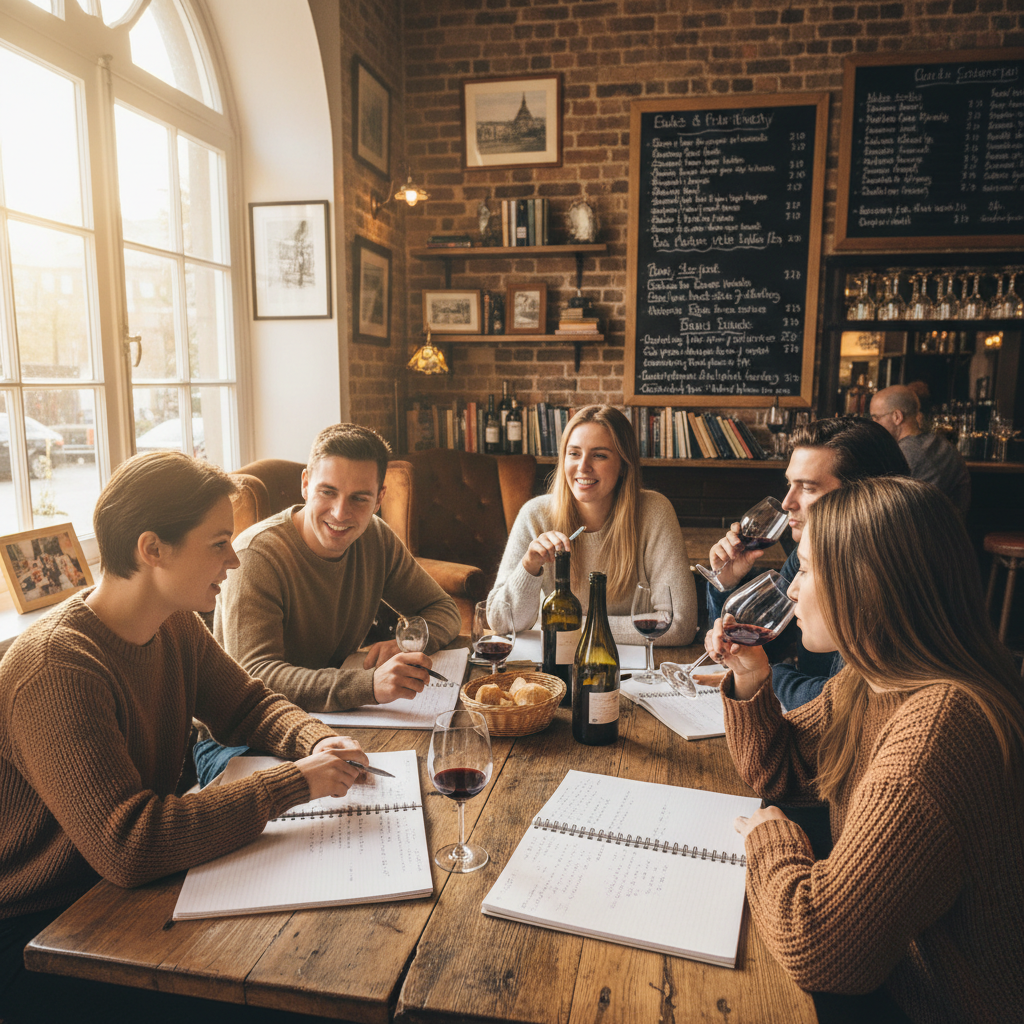 Study group of wine students gathered at a corner café with open notebooks and wine glasses
