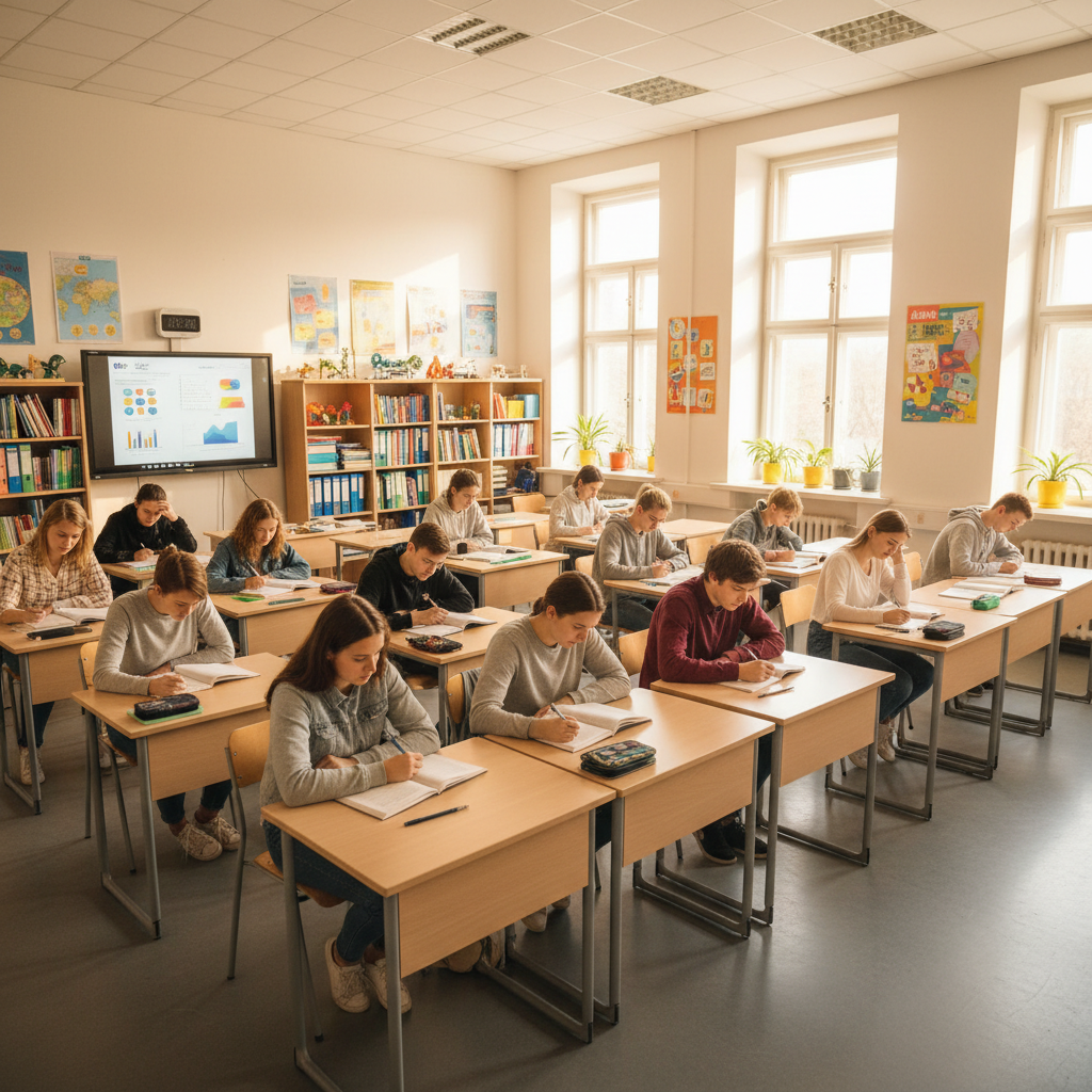 Stack of colorful school textbooks and supplies on a classroom desk