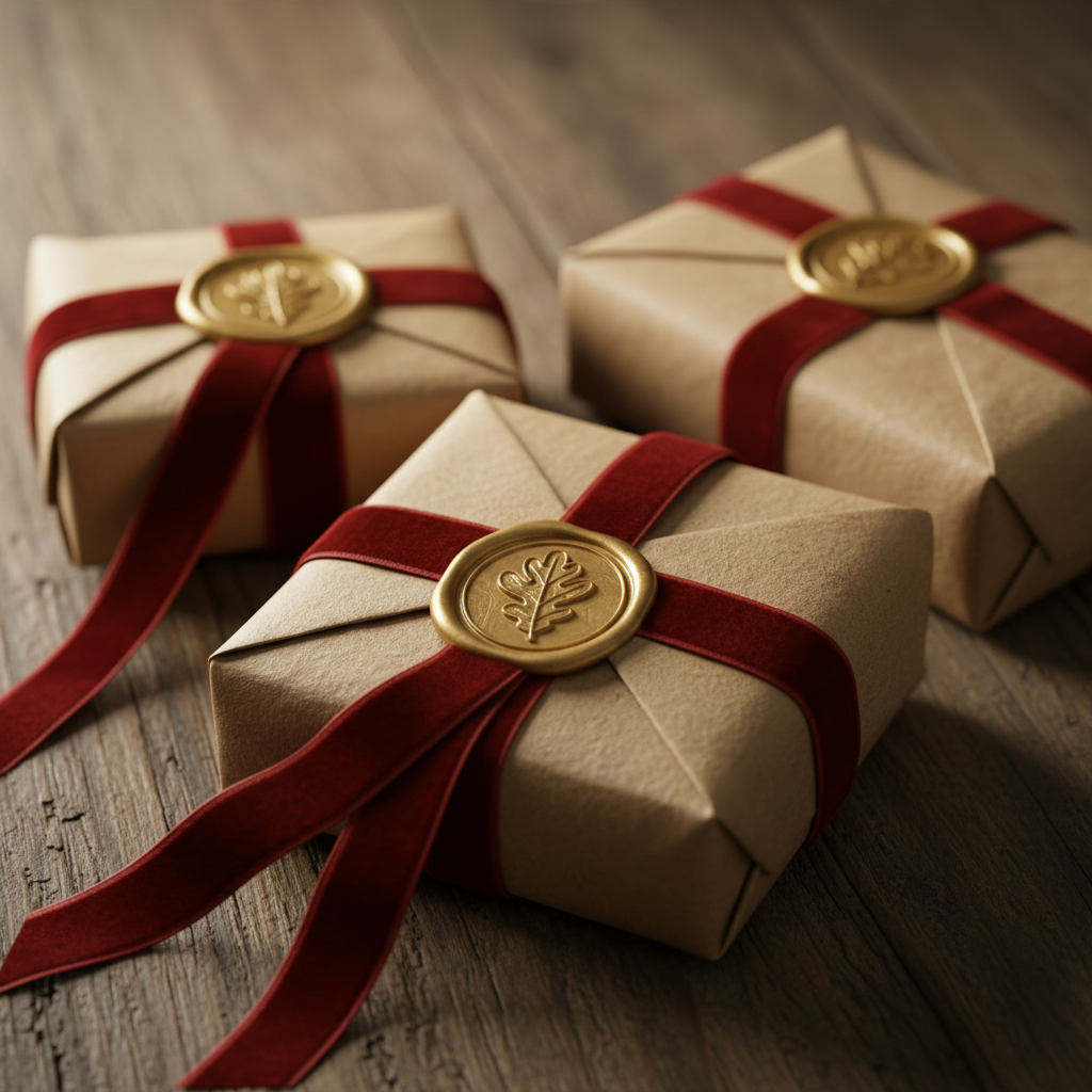 Artisan maker carefully wrapping handmade gift bags with ribbon, warm workshop setting, natural light from window