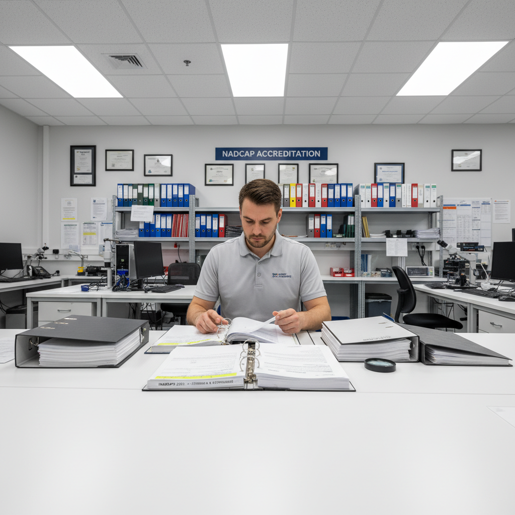 Engineer reviewing NADCAP audit documentation and certification binders in quality lab