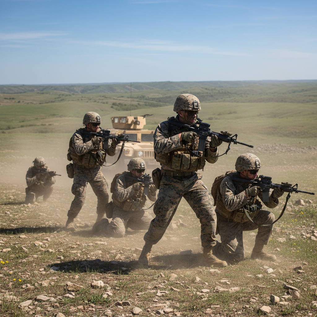 US Marines in combat gear conducting training exercises at Camp Pendleton with hills in background