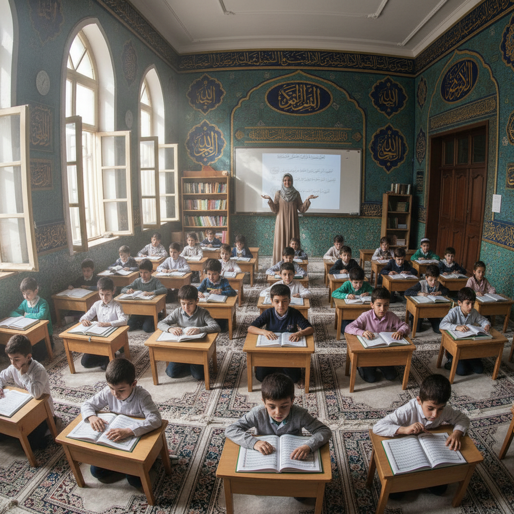 Children in Islamic school classroom memorizing Quran with teacher guidance