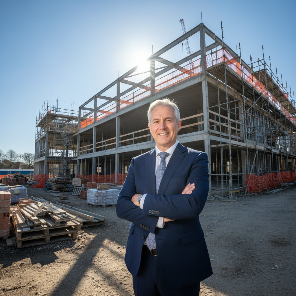 David Okafor, headteacher standing proudly in front of a new school science wing under construction