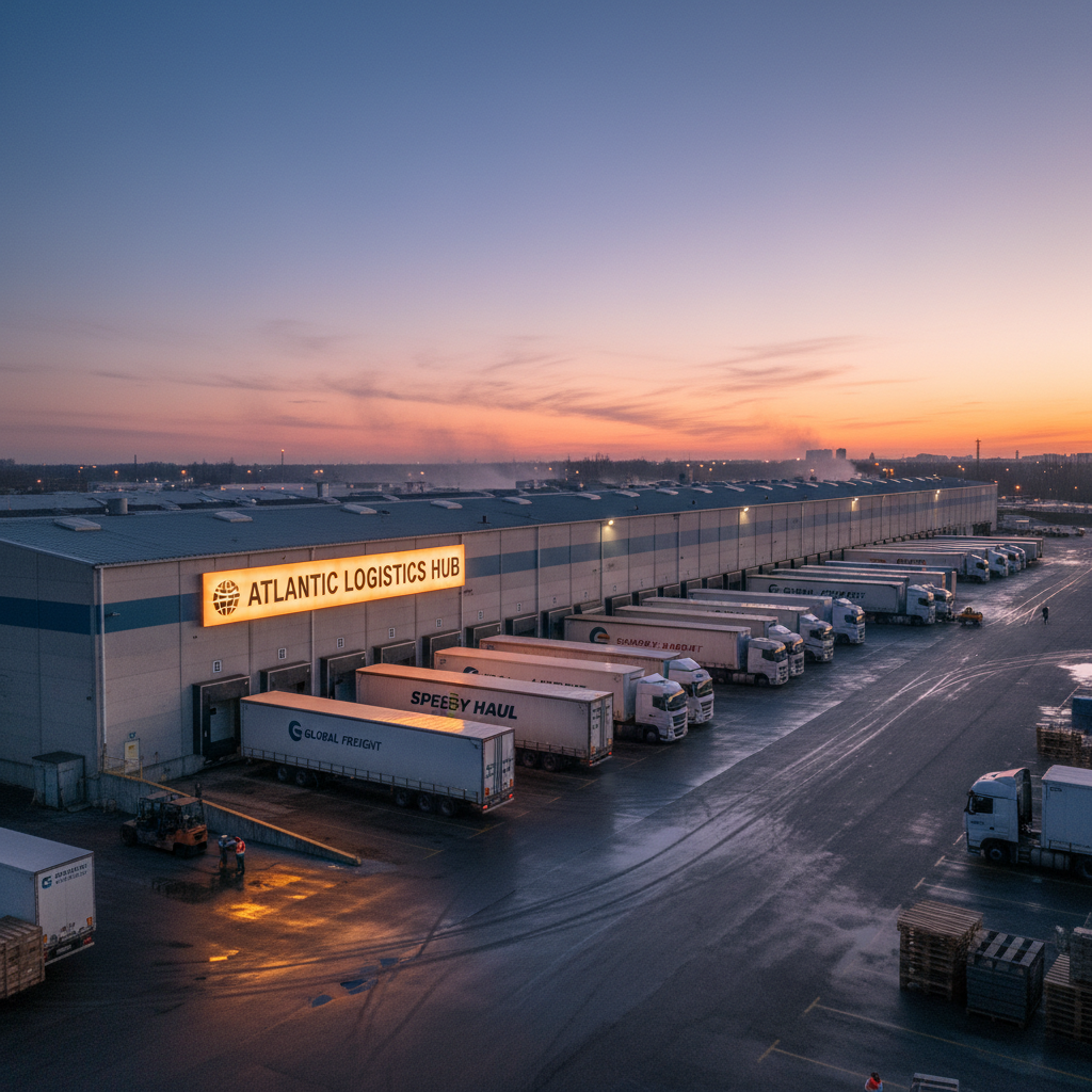 Repositioned industrial warehouse with loaded trailers at every dock bay and glowing tenant marquee at dusk
