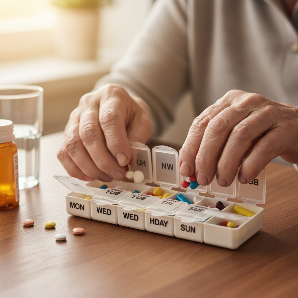 Elderly hands carefully sorting medications into a weekly pillbox on a warm kitchen counter with soft morning light