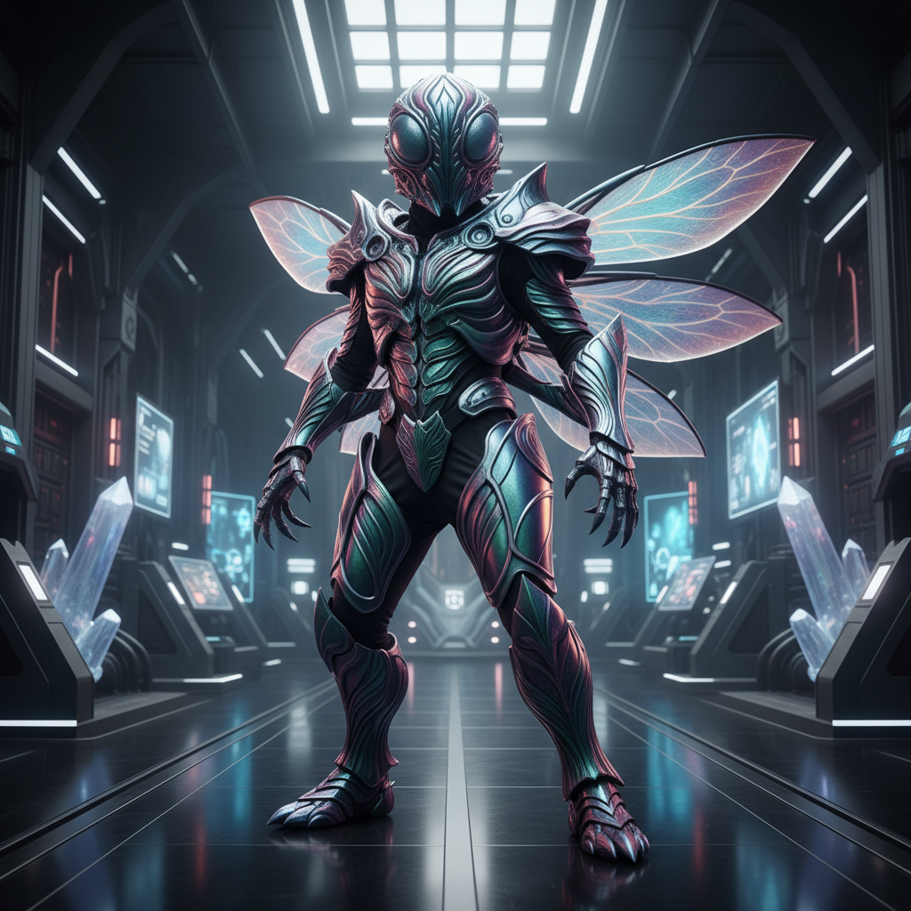 Completed insectoid creature suit on performer, iridescent paint treatment
