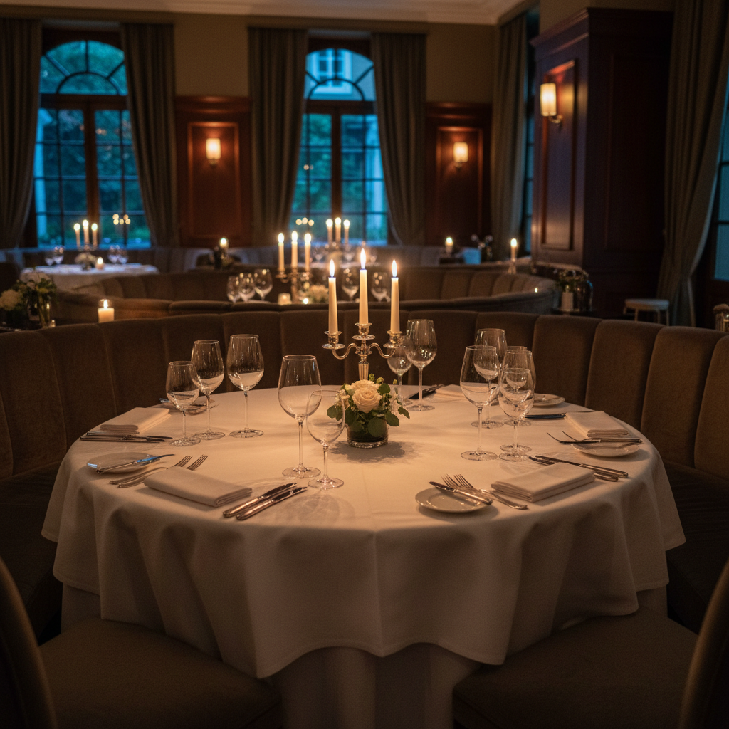Elegant dark restaurant table setting with white linen, crystal glasses, candle centerpiece, intimate atmosphere