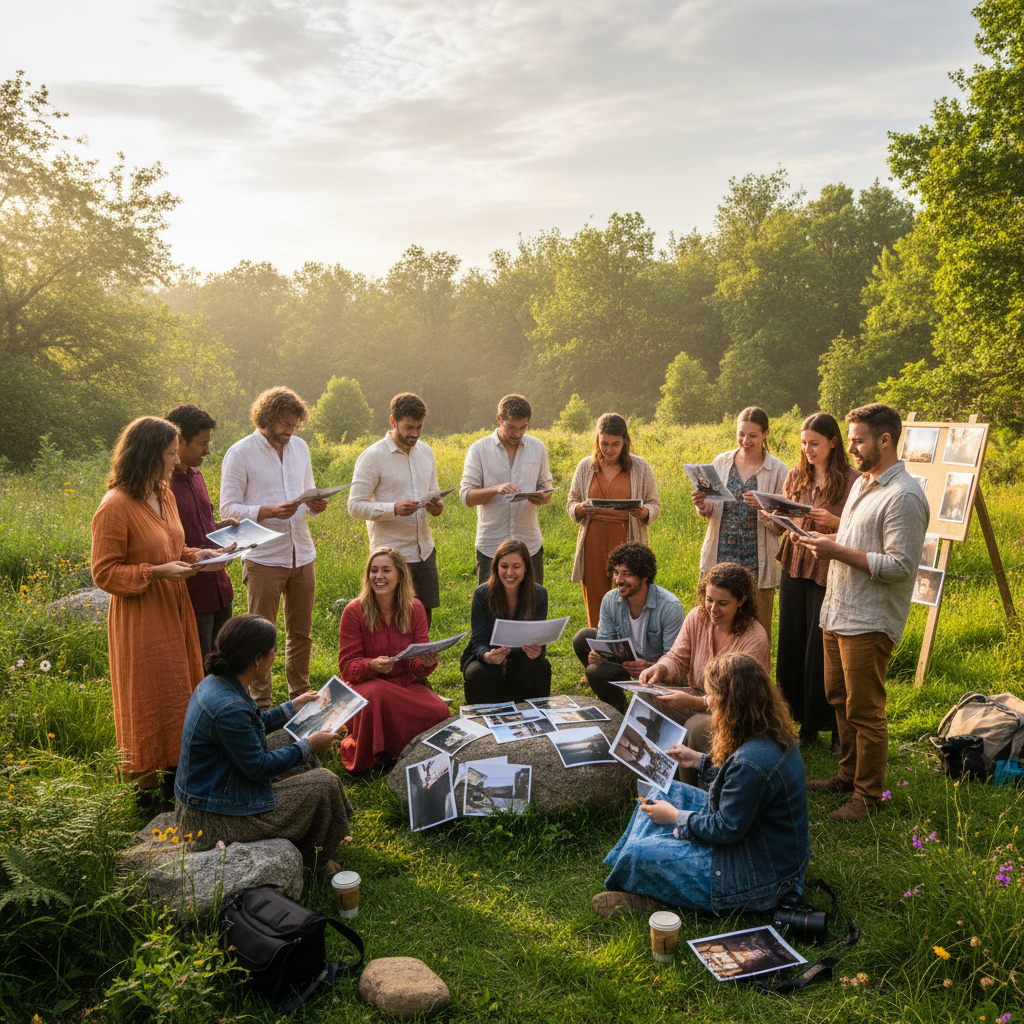 Diverse group of photographers on an outdoor retreat, sharing work printed on paper, warm afternoon