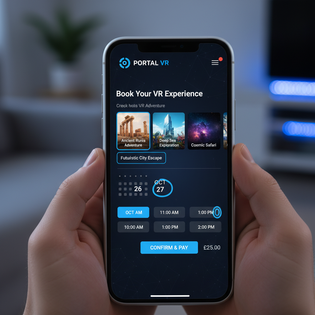 Portal VR app interface showing booking flow on a smartphone screen