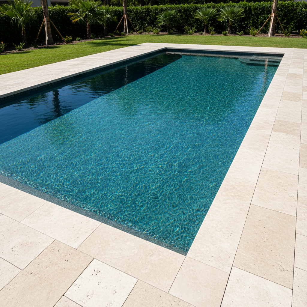 Pristine newly resurfaced pool area with clean travertine coping, fresh PebbleTec finish, and spotless surrounding deck