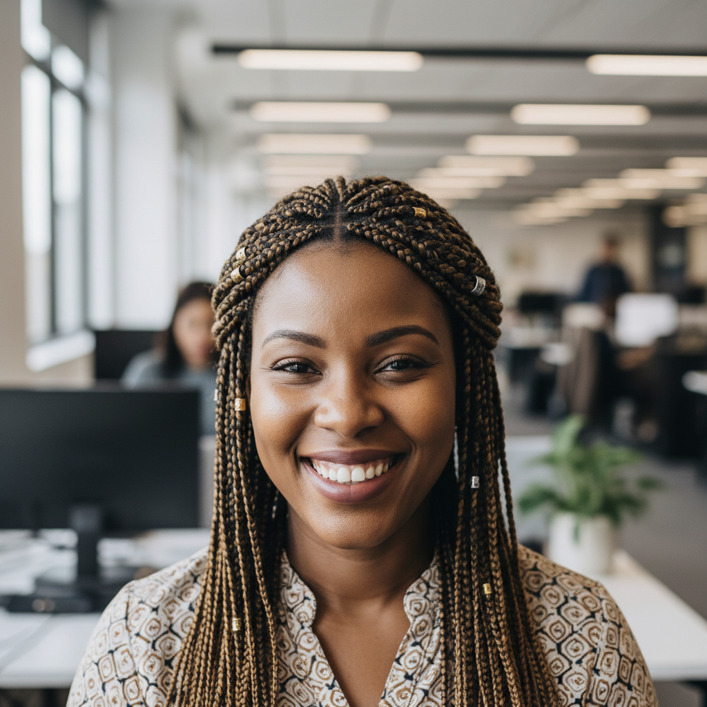 South African woman smiling warmly in bright daylight