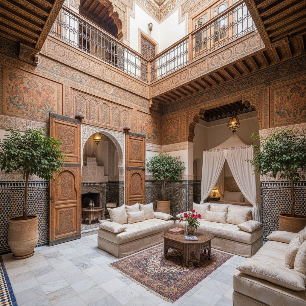 Luxury Moroccan riad courtyard with ornate tilework, carved plasterwork, and lantern light at dusk