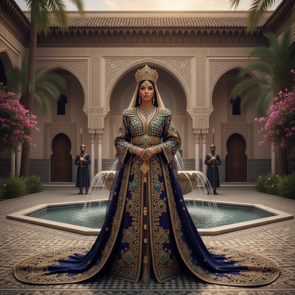 Fatima in the medina of Marrakech wearing a burgundy kaftan
