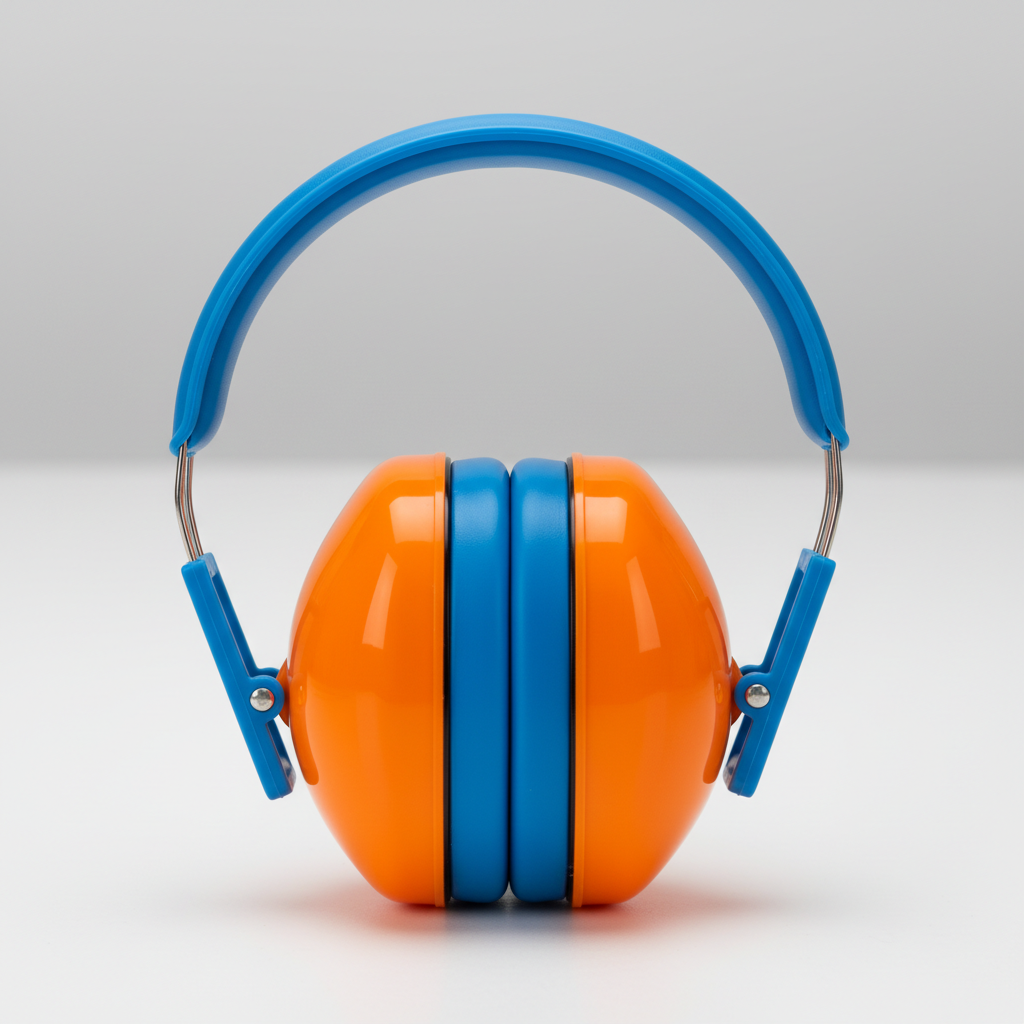 Colorful children's ear protection earmuffs in blue and orange