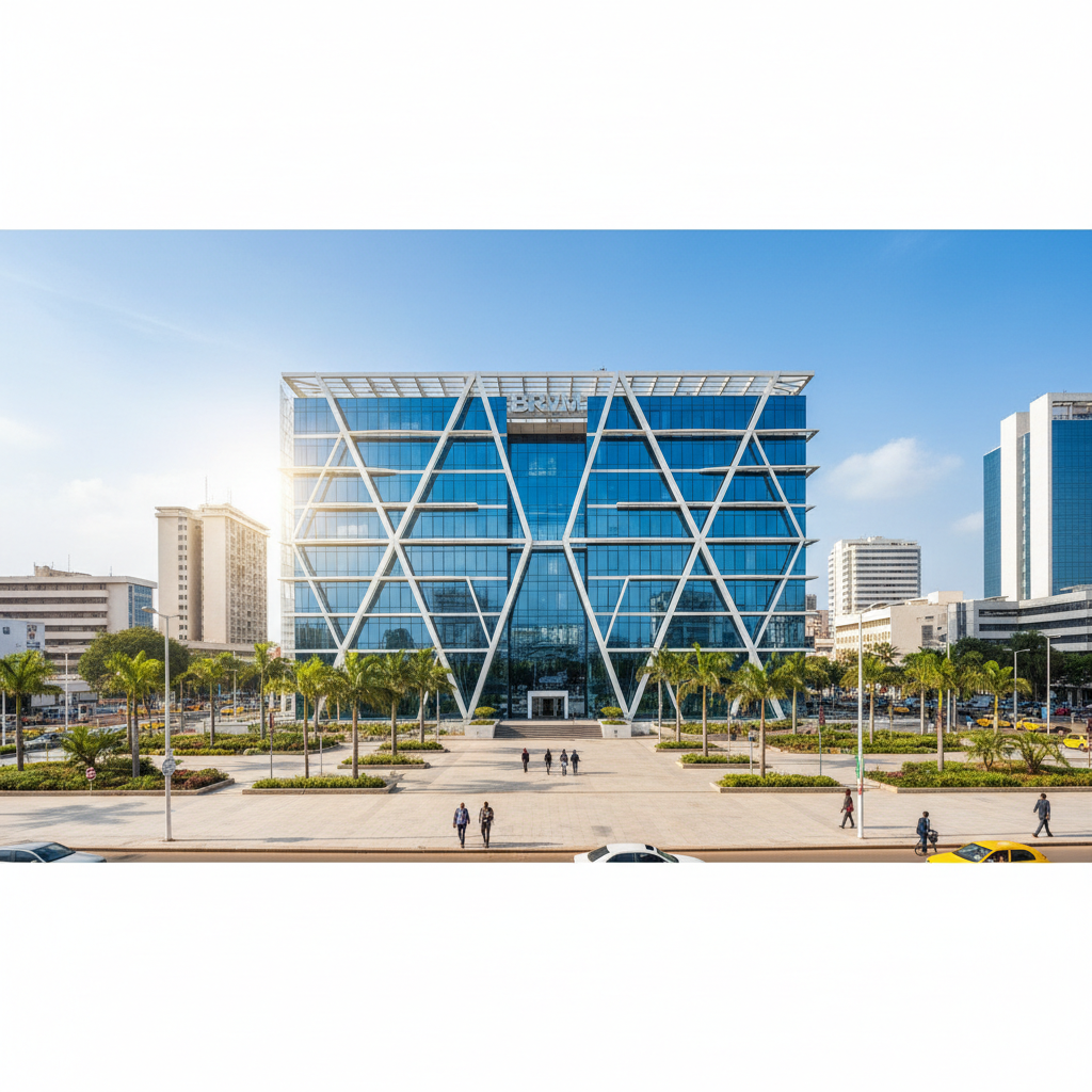 Modern commercial plaza building with glass facade near Miami beach