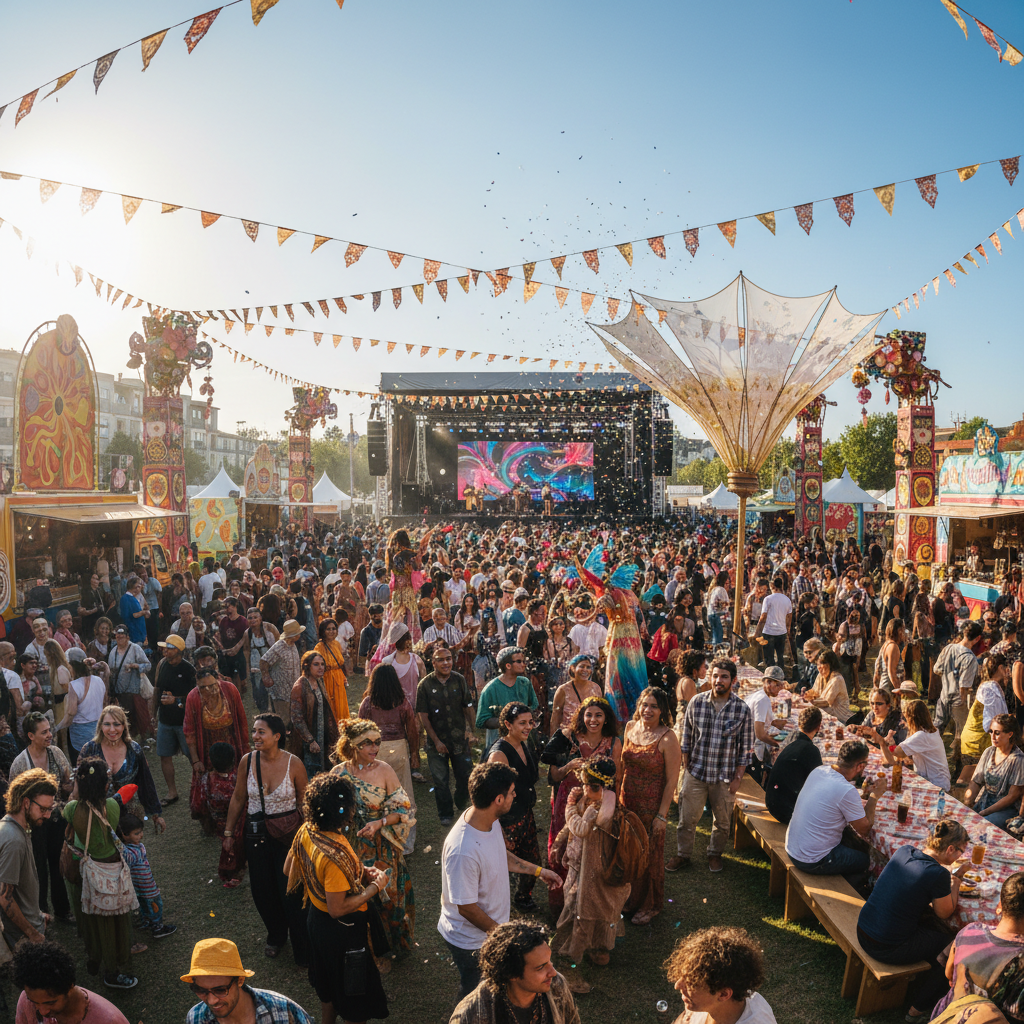 Colorful Philippine festival street parade with bright decorations, tropical sunny atmosphere, vibrant crowd
