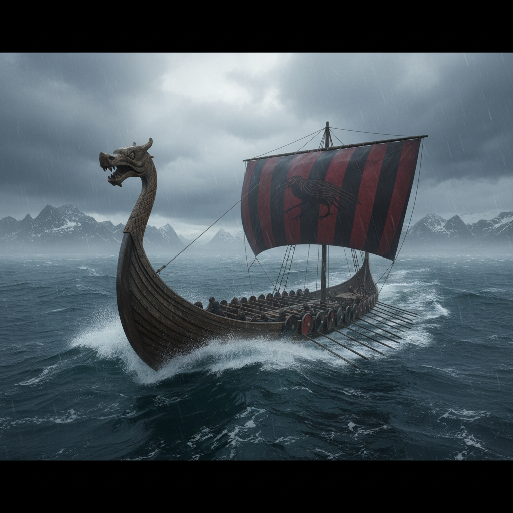 Snow-covered Viking longship sailing through icy fjords with grey storm clouds and dramatic northern coastline