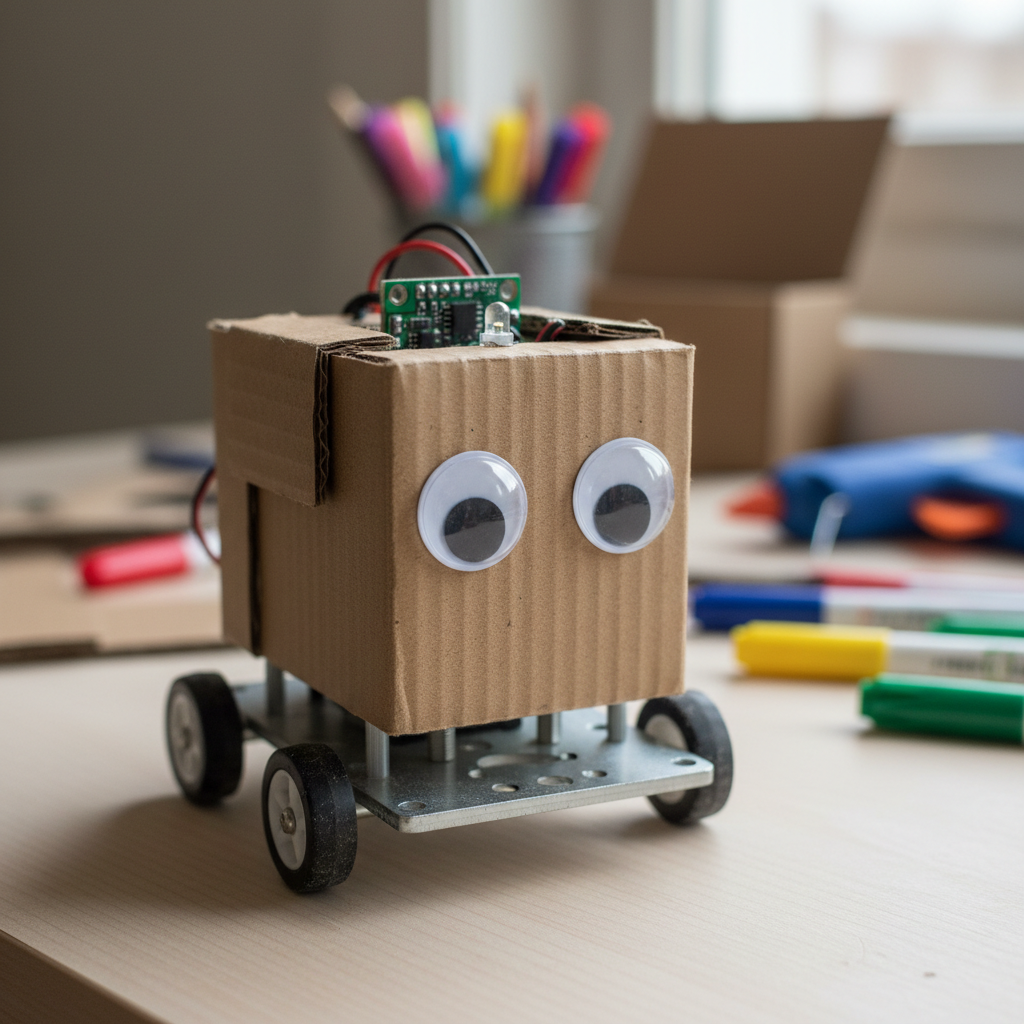 A small wheeled robot assembled from cardboard and a chassis kit with googly eyes