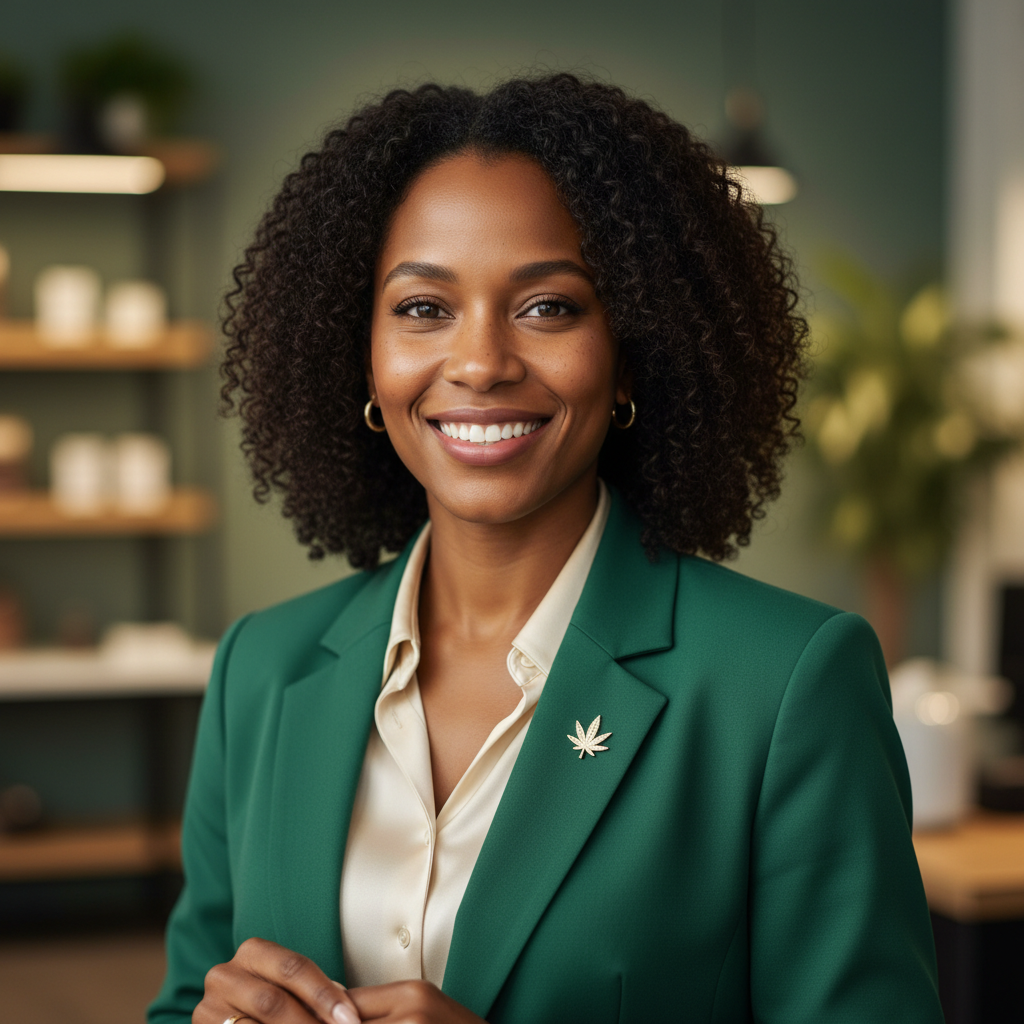 Black woman professional smiling confidently, dispensary buyer and cannabis industry professional