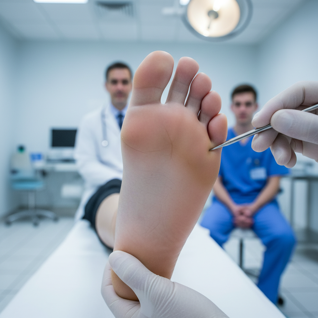 Physician examining a patient's foot and ankle joint in a clinical setting with natural light