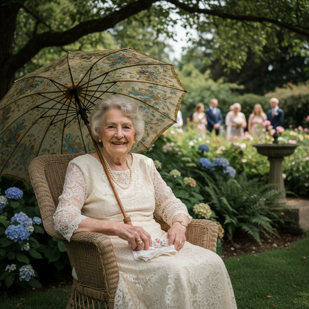 Grandmother seated in shaded garden chair with parasol during ceremony at estate garden