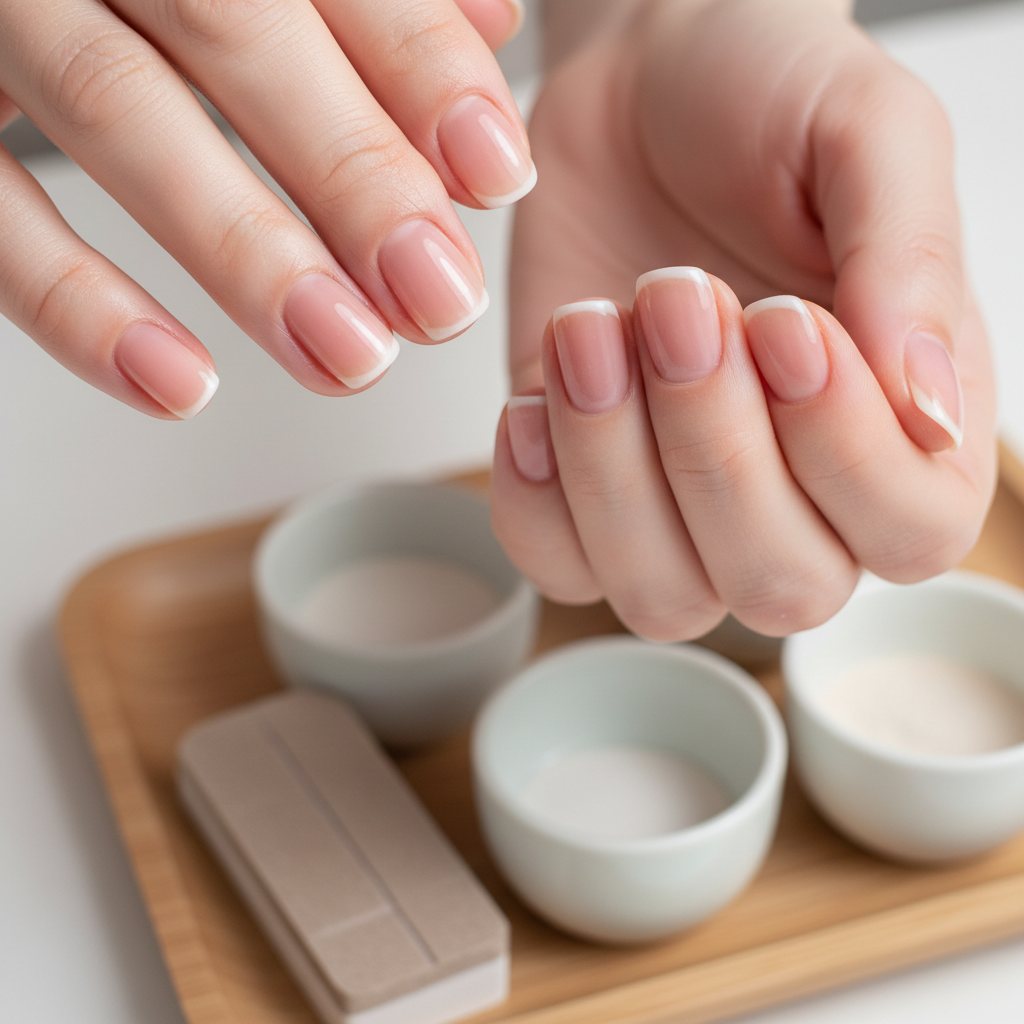 Close-up of elegant hands with French manicure nails resting on a white towel