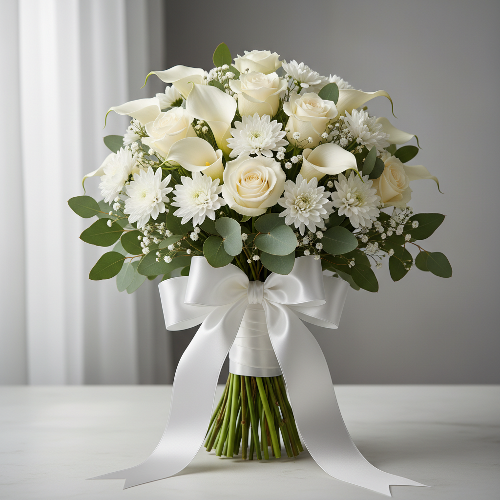 Serene all-white sympathy flower arrangement with lilies and roses