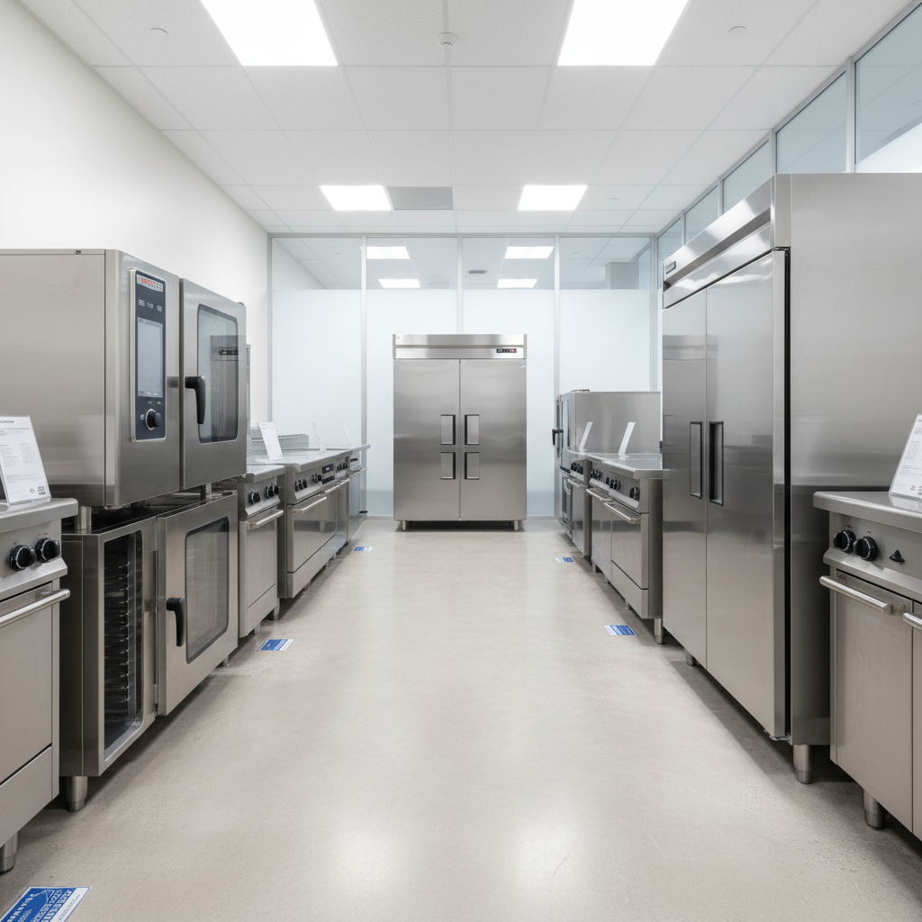 Professional commercial kitchen with stainless steel equipment and modern appliances