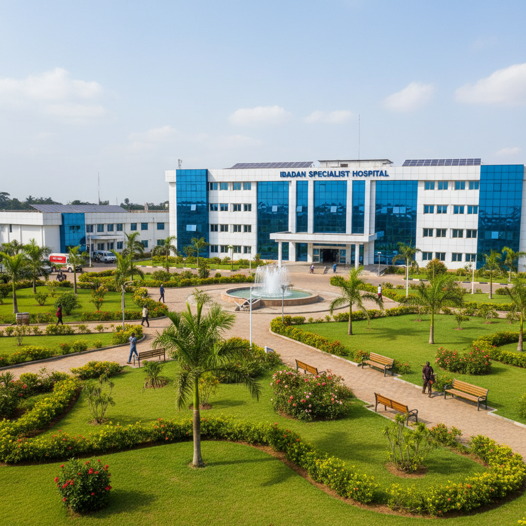 Specialist hospital in Ibadan Oyo State, well-maintained grounds, medical facility, professional healthcare