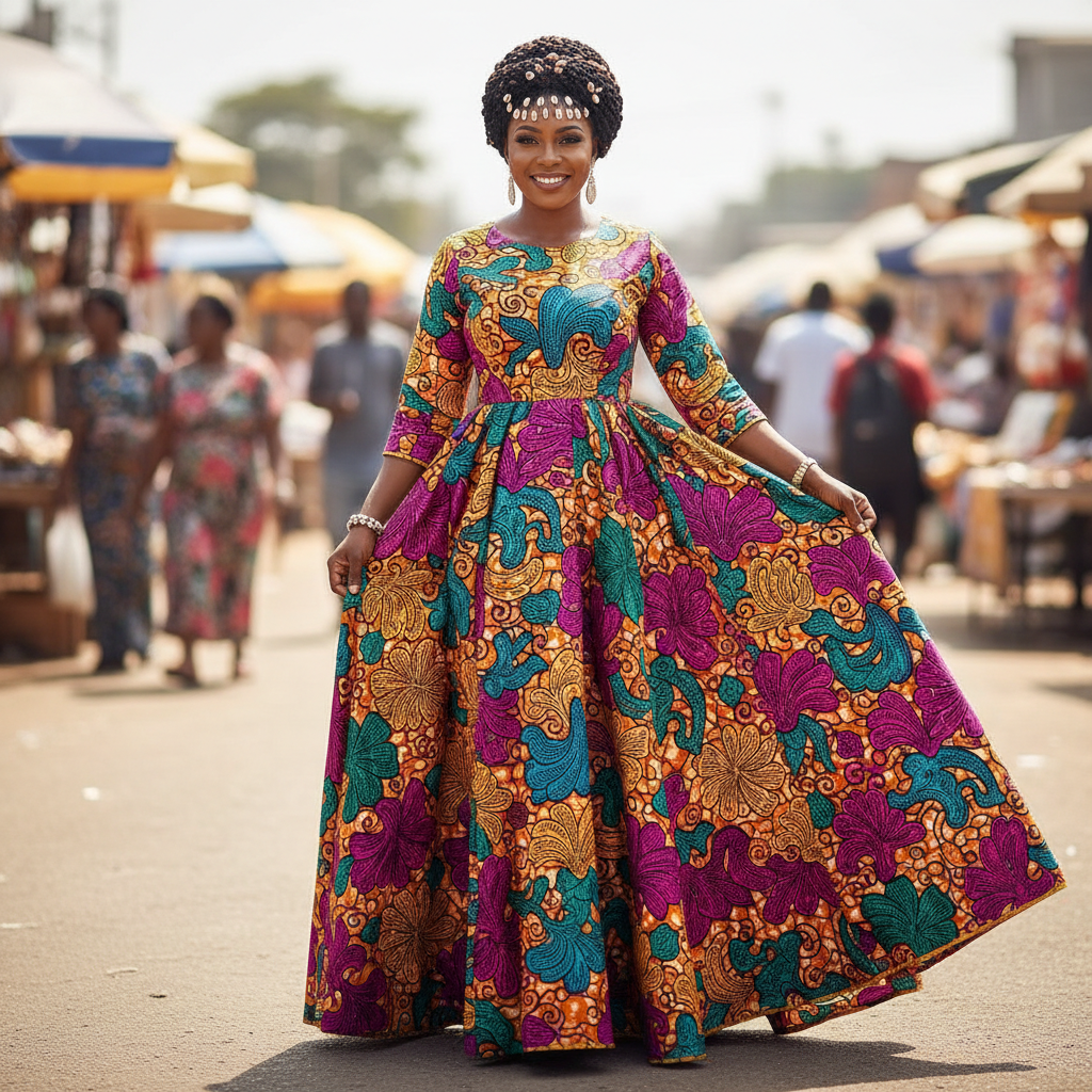 Portrait of a Nigerian woman trader, warm smile, outdoor market background