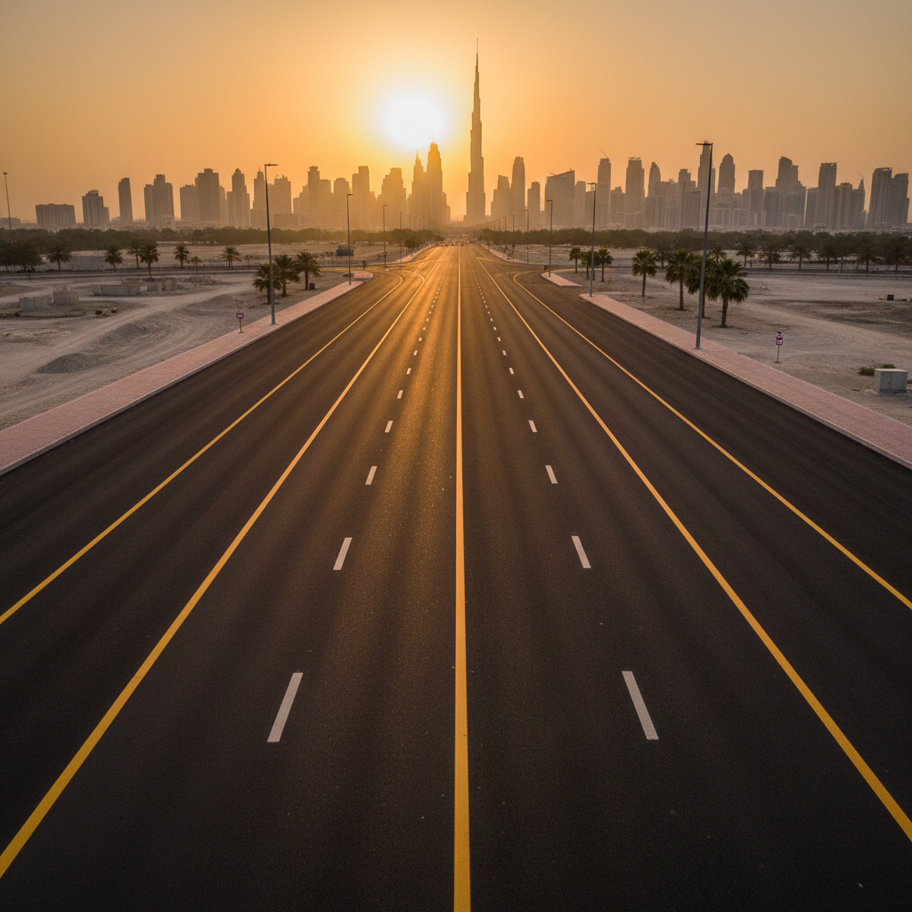 Aerial drone shot of freshly paved asphalt road stretching toward Dubai skyline at golden hour with amber lane markings