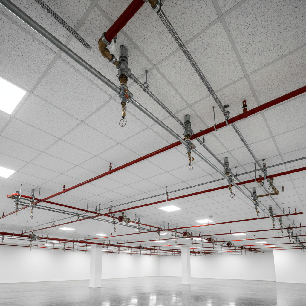 Fire sprinkler piping being installed in a commercial building ceiling