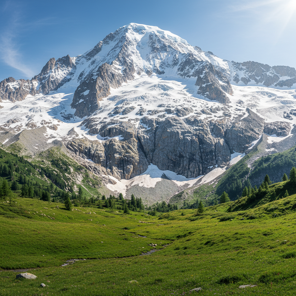 Snow-capped Himalayan mountain peaks with green alpine meadows and clear blue sky