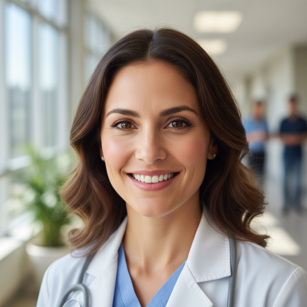 Asian female physician in clinical setting with warm, approachable expression