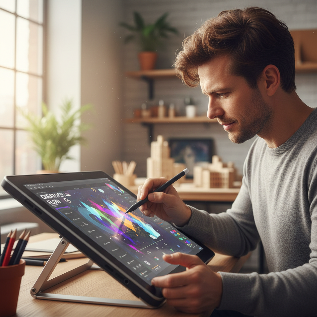 Designer working on digital tablet with design software visible, colorful UI components on screen
