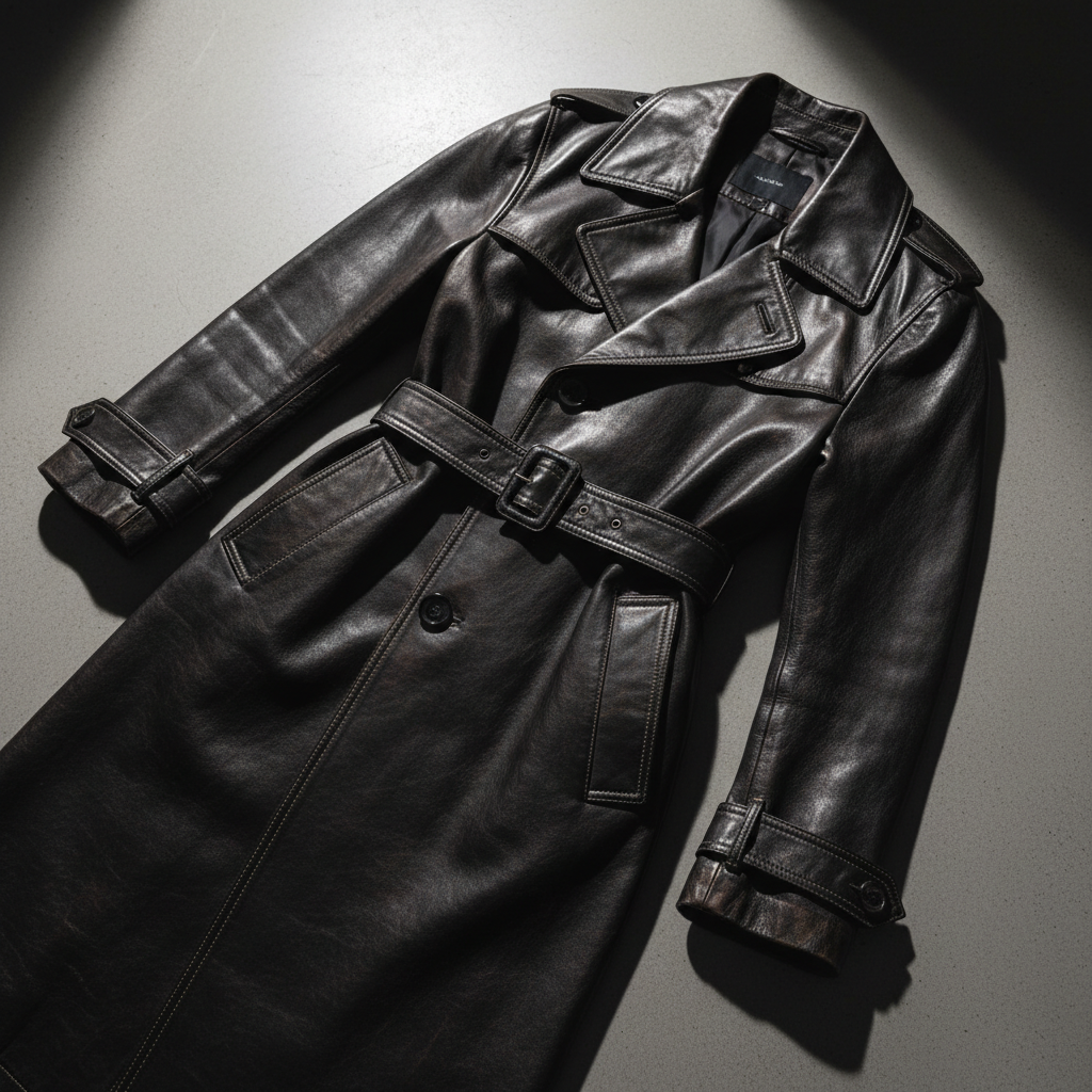 Trench coat back view, dramatic sculptural silhouette, deep shadow editorial lighting, luxury fashion photography