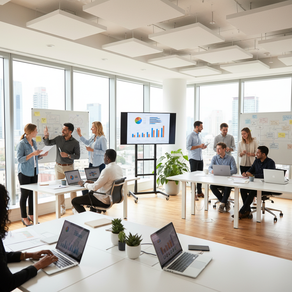 Diverse team working together on digital marketing campaign in collaborative workspace